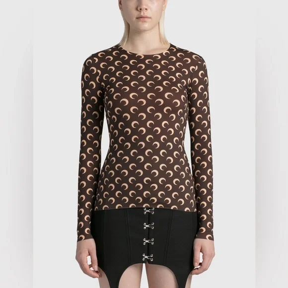 Marine Serre Brown and Cream Long Sleeve Top - Picture 1 of 11